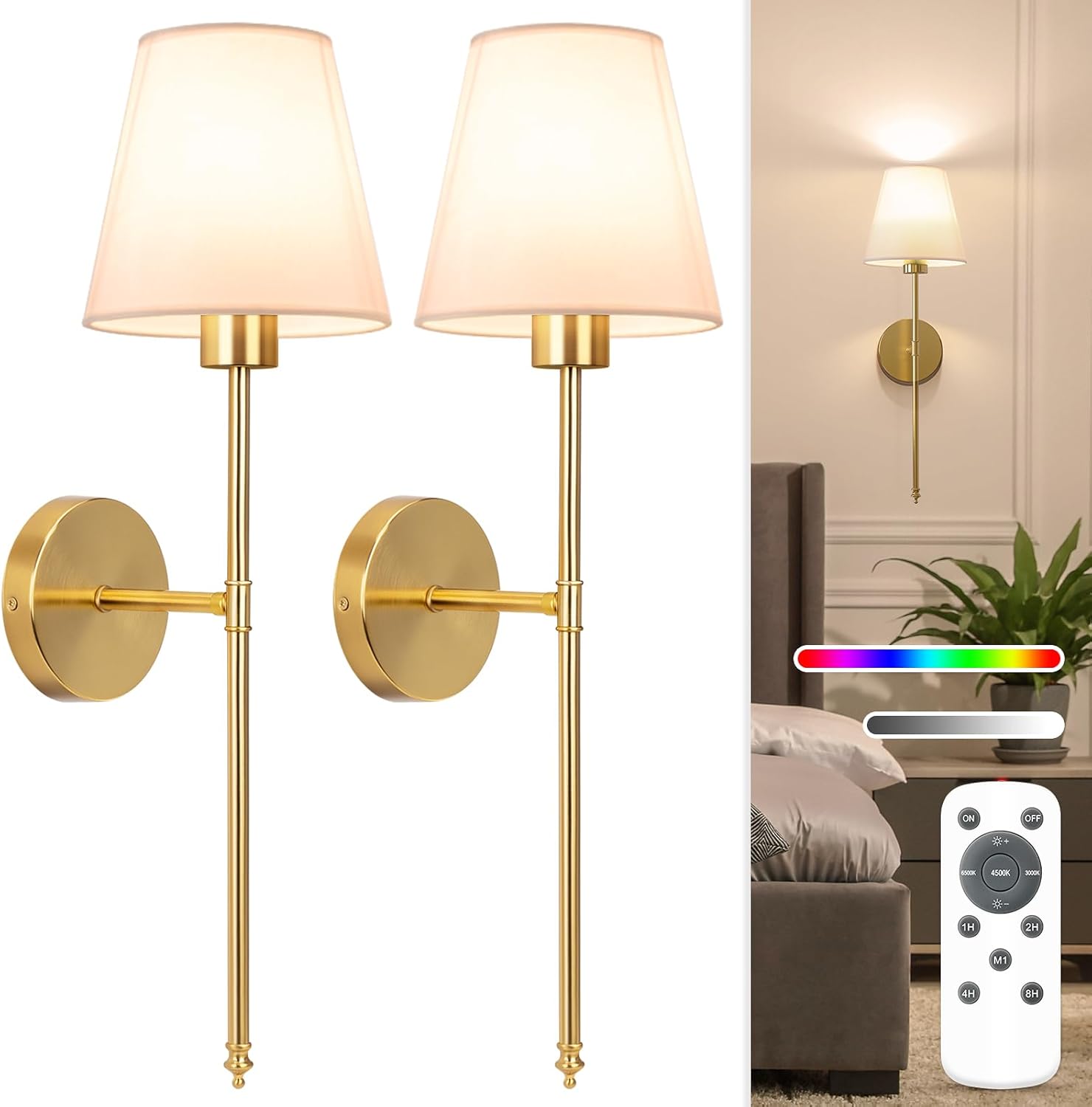 Brushed Gold Wall Sconces with Ivory Fabric Shade — Set of 2 Battery-Operated Dimmable