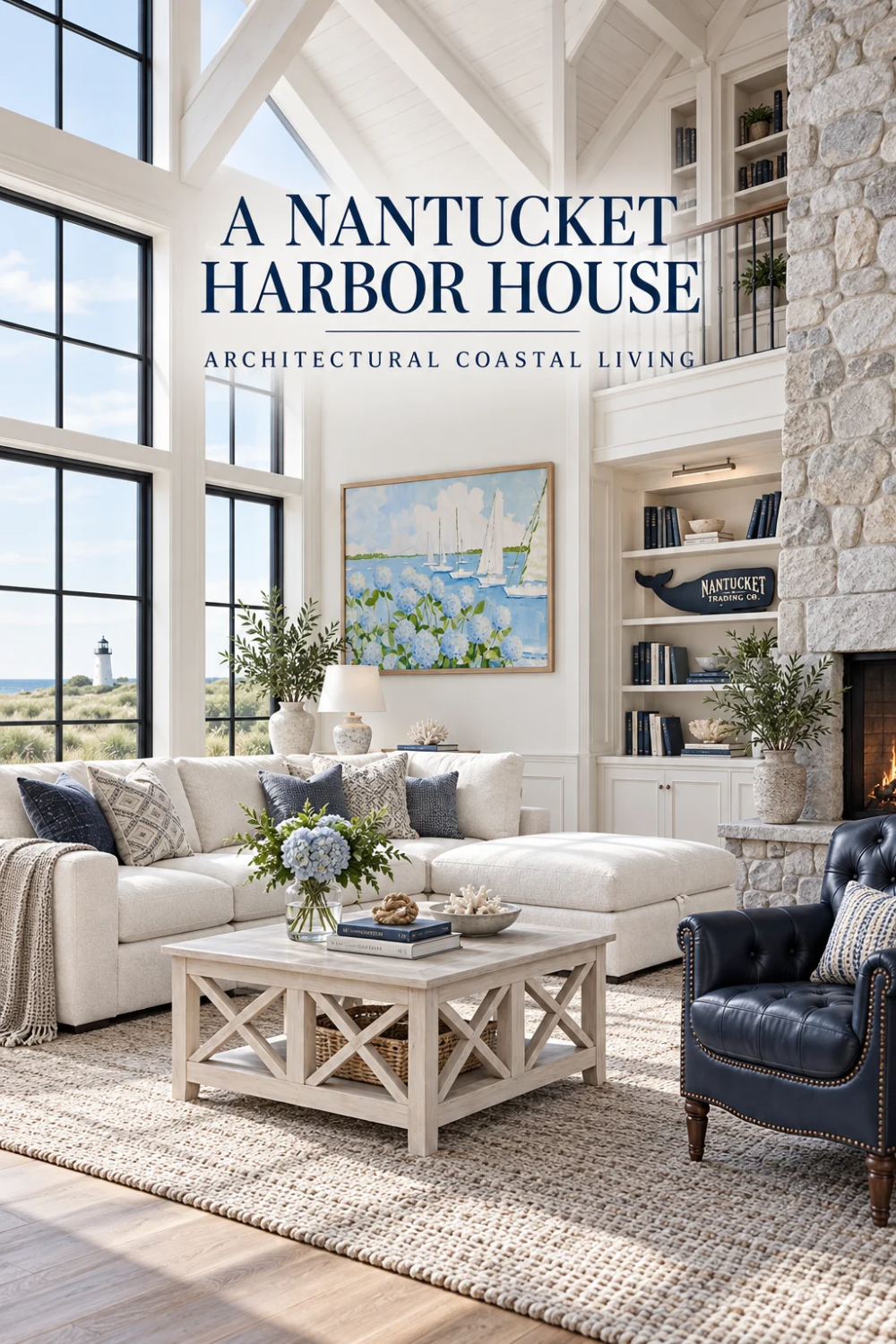 Nantucket harbor house living room with vaulted white beams, stone fireplace, ivory sectional, navy tufted leather chair, whitewashed cross-brace coffee table, natural jute rug, blue hydrangeas, ginger jar lamp, sailboat art and nautical decor.