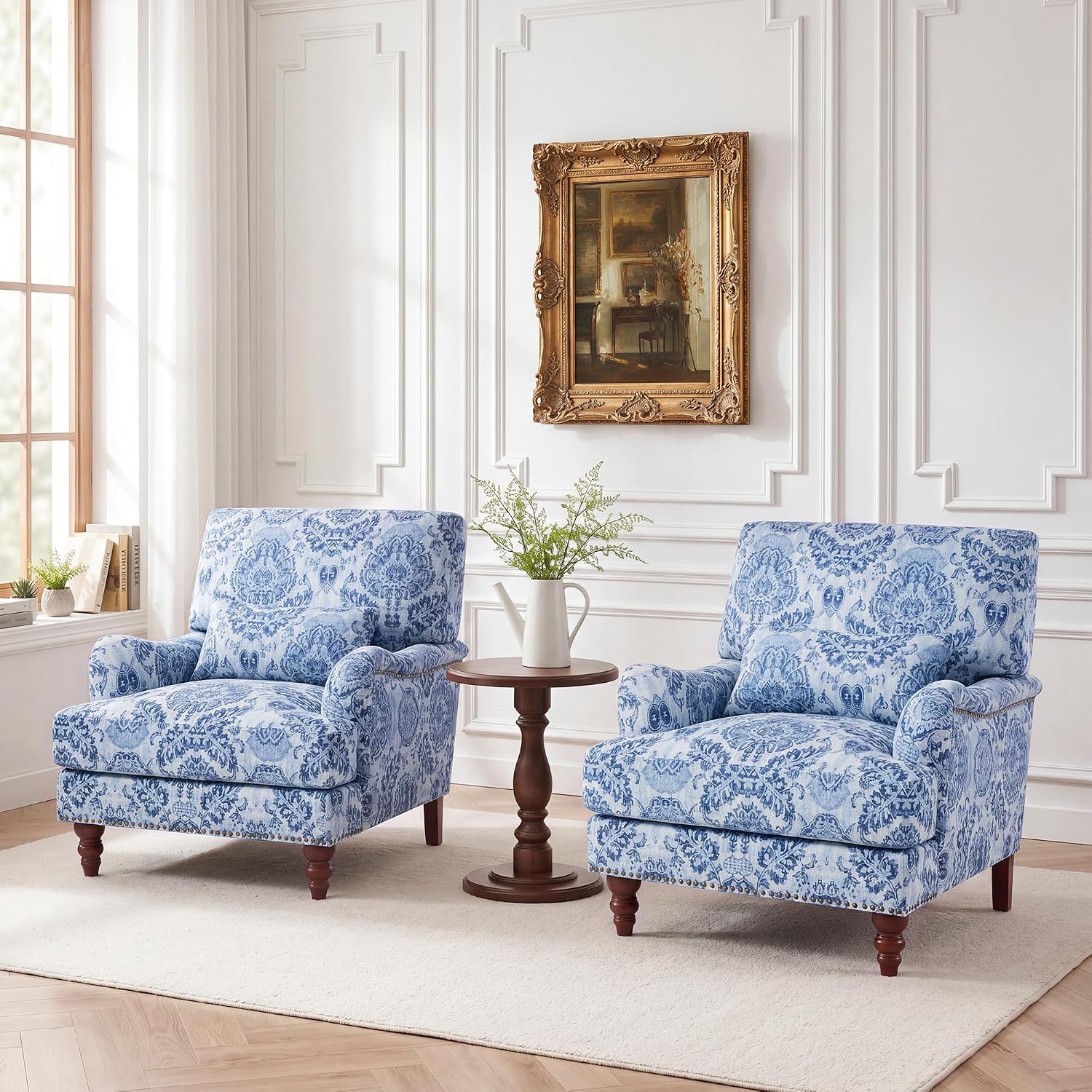 Blue & White Damask Upholstered Accent Chairs with Lumbar Pillows (Set of 2)