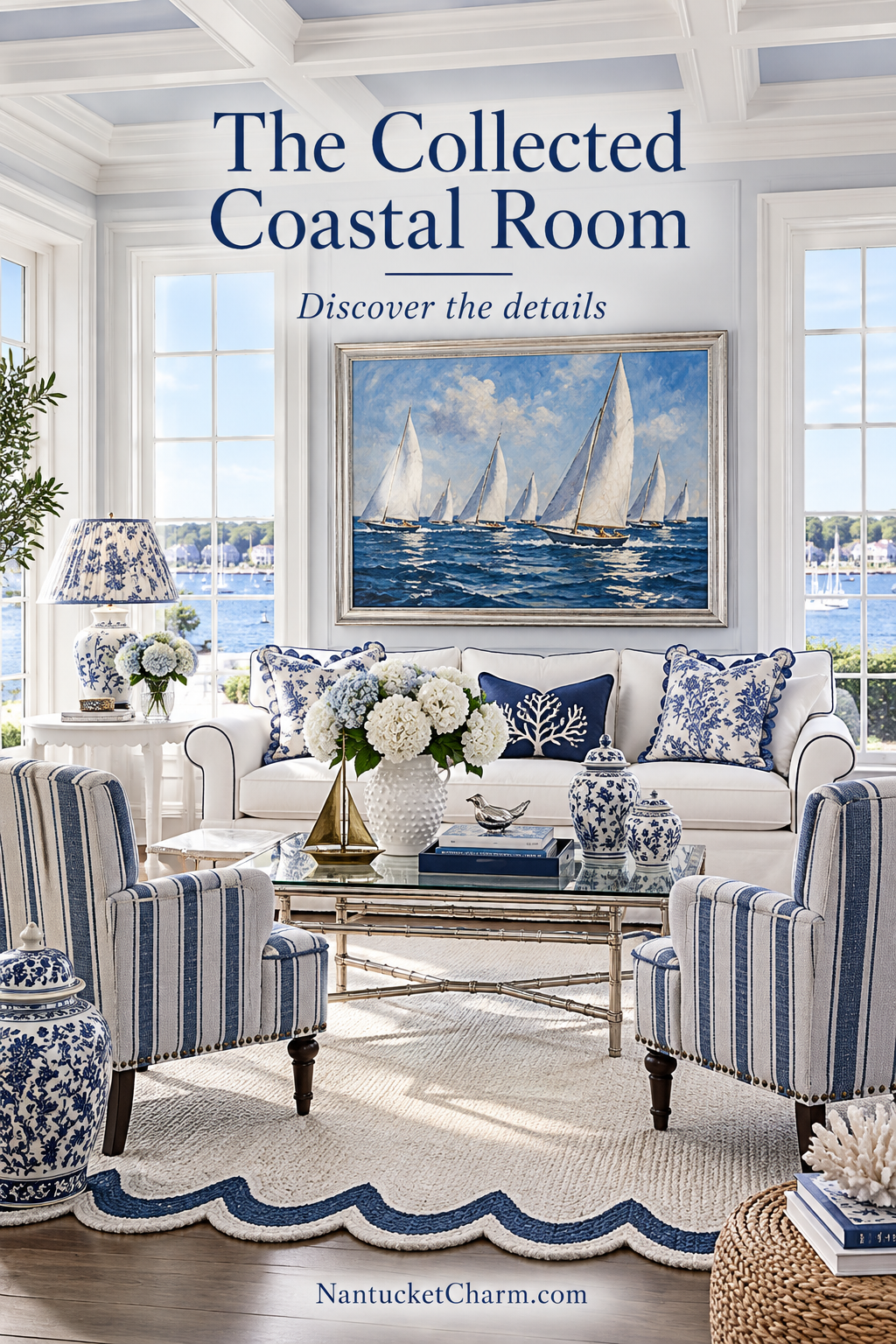The Collected Coastal Room with a white navy-piped sofa, large blue striped rolled-arm chairs, ivory navy scalloped rug, silver glass coffee table, sailboat painting, chinoiserie pillows and ginger jars, floral lamp and white hydrangeas.