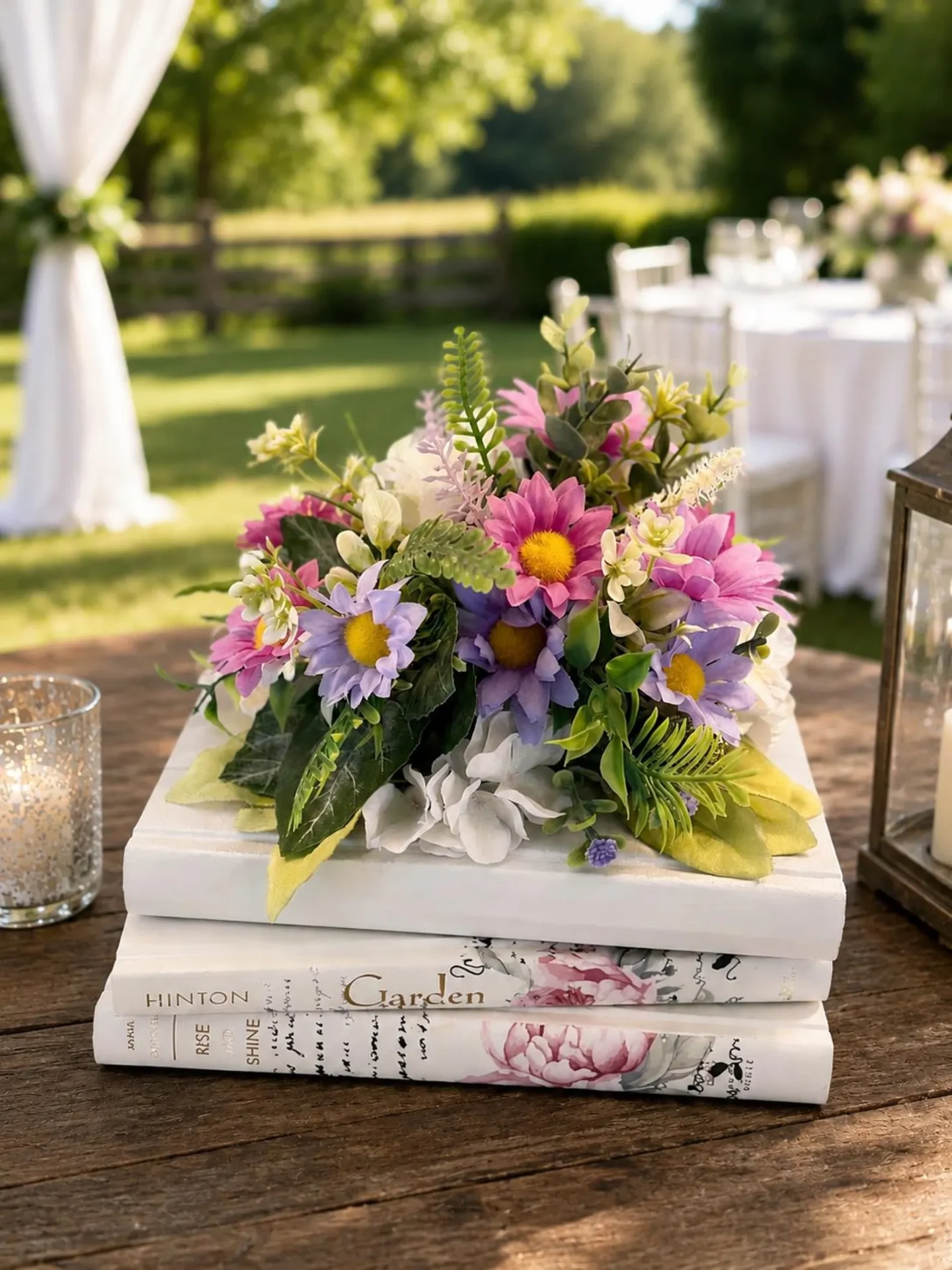 Decorative Book Stack with Floral Arrangement — Coffee Table Centerpiece