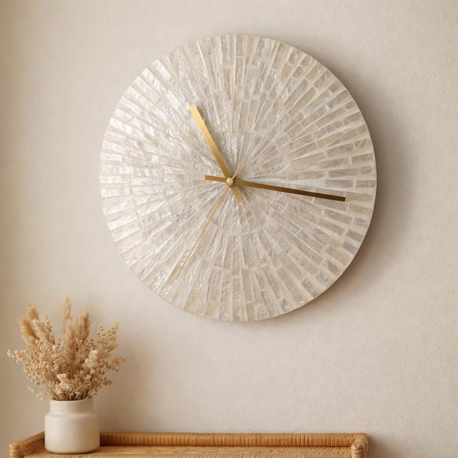 Handmade Capiz Shell Sunburst Wall Clock — Mother of Pearl & Gold Hands