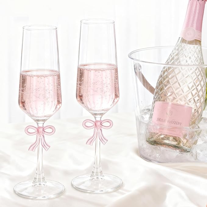 Crystal Champagne Flutes with Pink Bow, 8 oz (Set of 2)