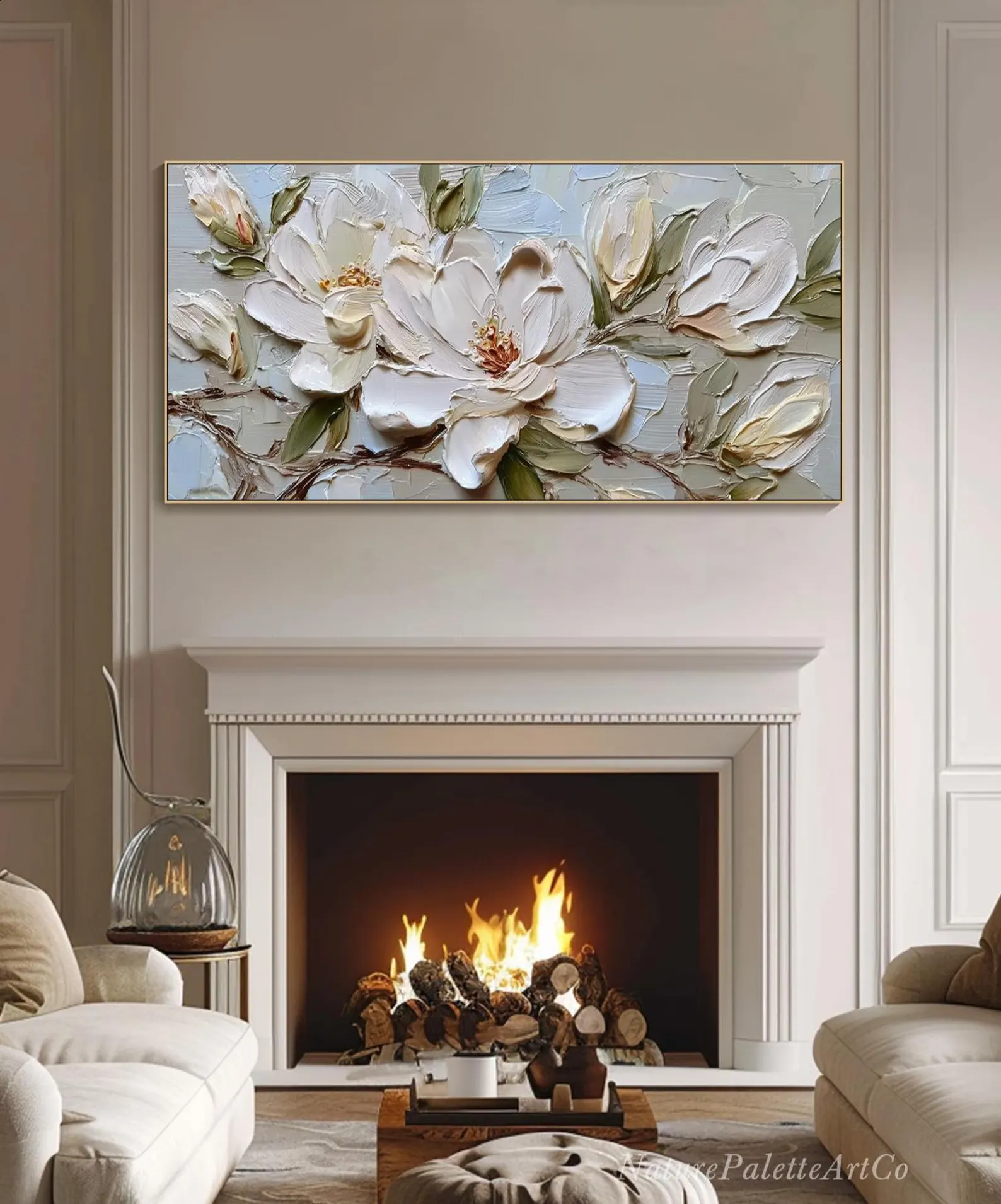 Magnolia Blossom Impasto Oil Painting — Neutral Textured Floral Canvas
