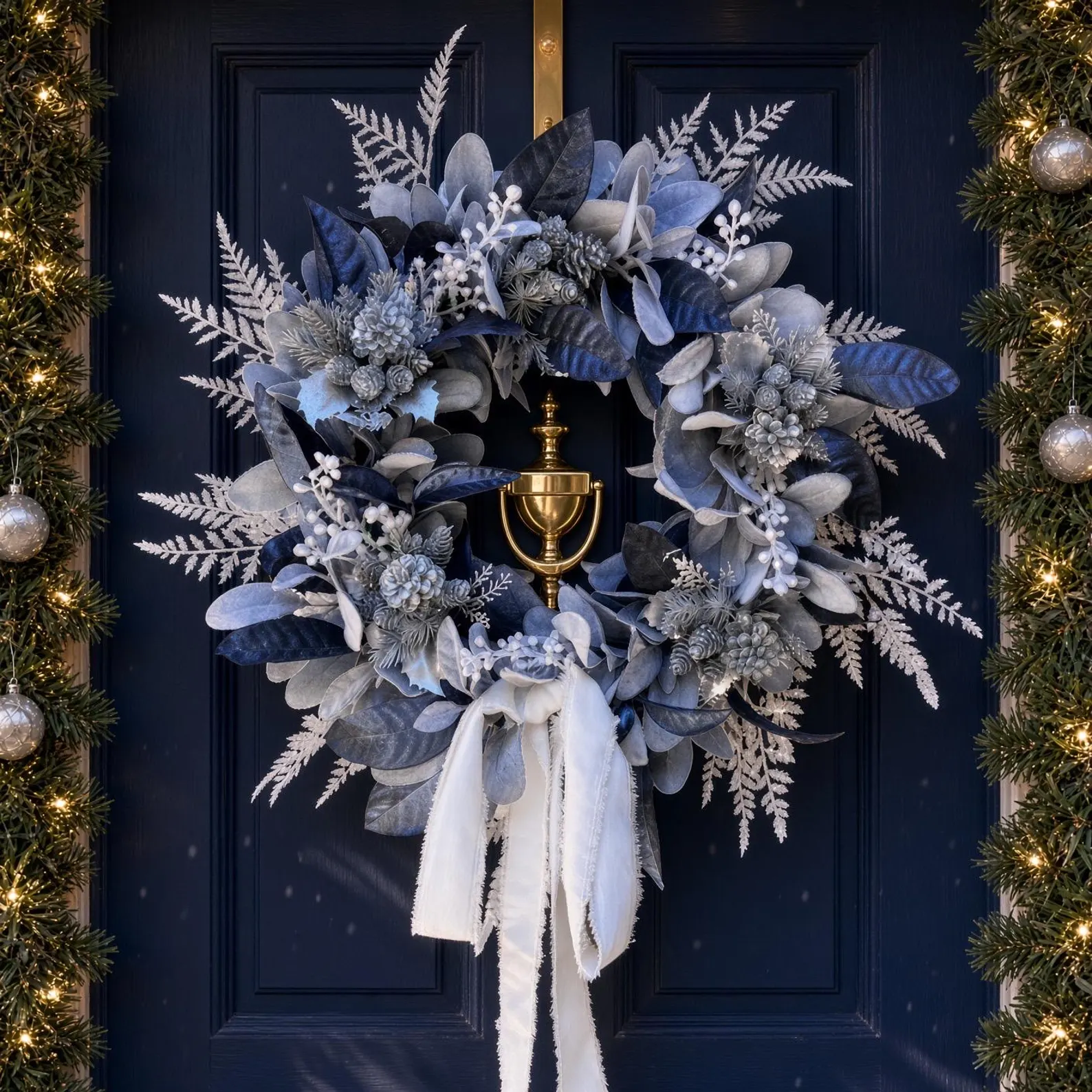 Navy Blue & Silver Christmas Wreath — Icy Velvet Magnolia Front Door