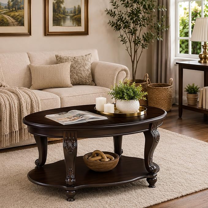 LKTART 42" Vintage Oval Coffee Table with Wood Veneer Top & Shelf — Espresso