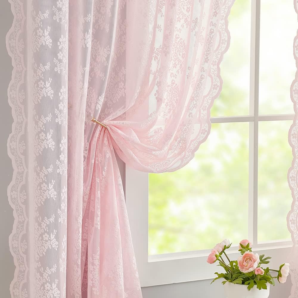 YJ YANJUN Vintage Pink Floral Lace Curtains (52" x 63", 2 Panels)