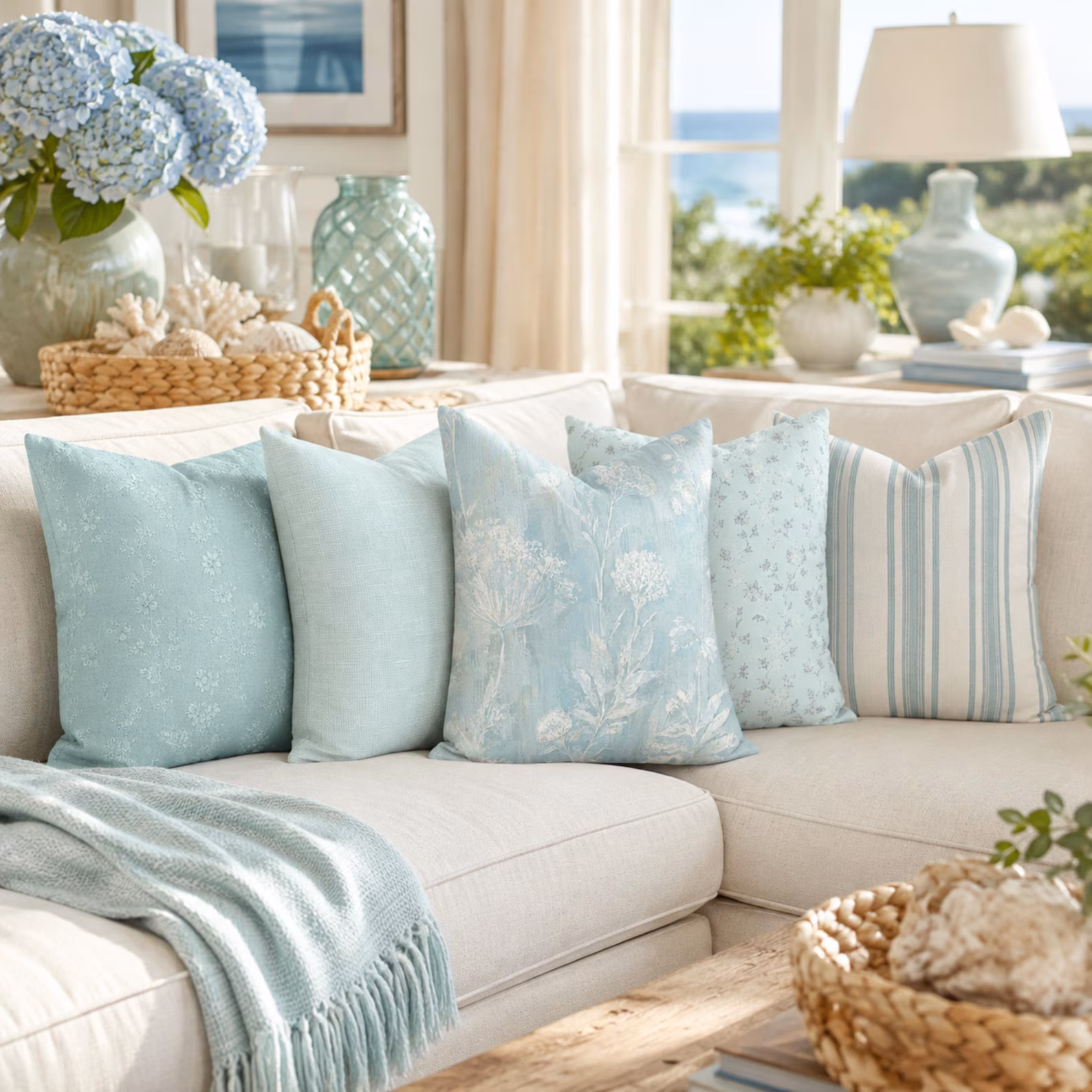 Sea Glass Pillow Cover — Blue Green Botanical Coastal Cushion