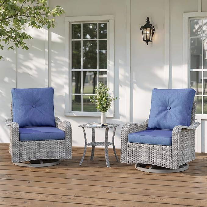 3-Piece Patio Swivel Rocker Set with Blue Cushions & Side Table (PE Rattan)