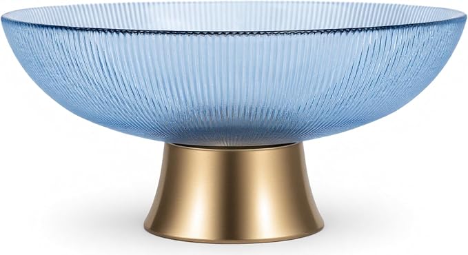 Blue Handblown Ribbed Glass Footed Decorative Bowl — 9.8"