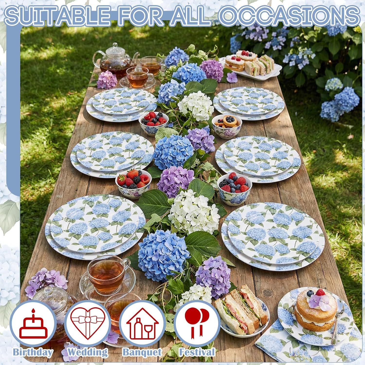 Blue Hydrangea Paper Plates (Party Set, Service for 8)