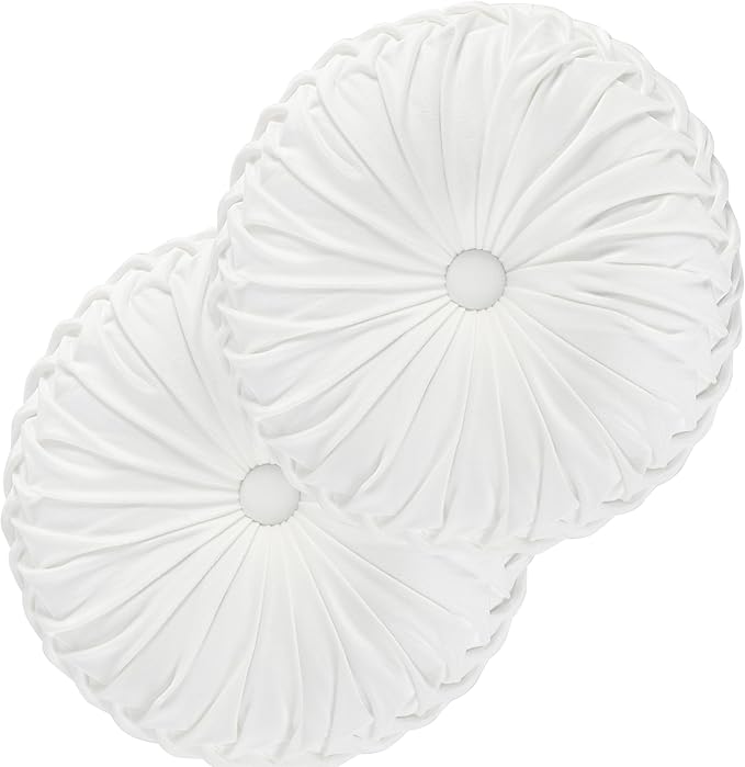 White Round Pintuck Velvet Throw Pillows with Button Center (Set of 2)
