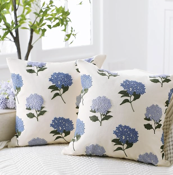 Hydrangea Embroidered Throw Pillow Covers (Set of 2)