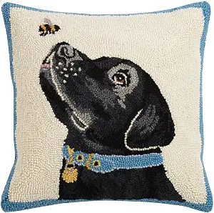 Peking Handicraft Black Lab with Bee Hooked Wool Pillow, 16" Square