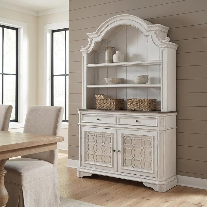 Magnolia Manor Antique White Hutch & Buffet (Rubberwood with Oak Top)