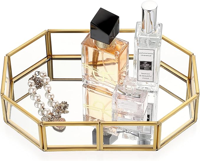 Hipiwe Gold Octagonal Mirrored Glass Vanity Tray