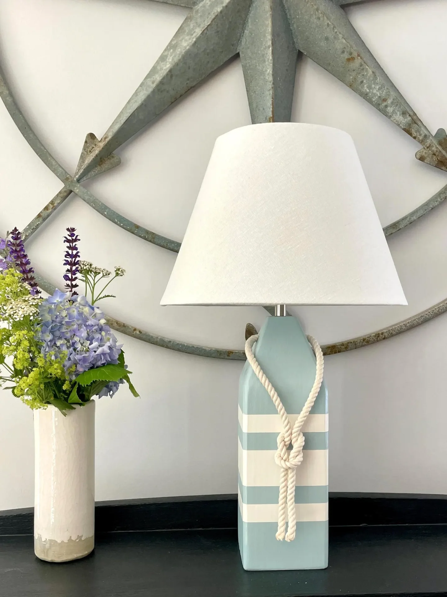Lobster Buoy Coastal Cottage Table Lamp — Seafoam Blue & Cream with Rope Knot