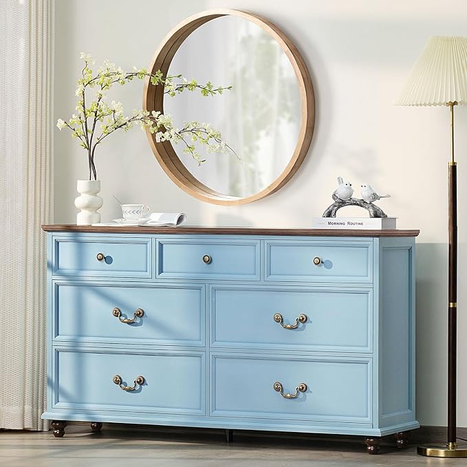 Joaxswe 54" 7-Drawer Farmhouse Dresser — Light Blue with Wood Top