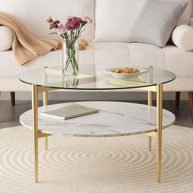 Glass & Gold 2-Tier Round Coffee Table with Marble Shelf