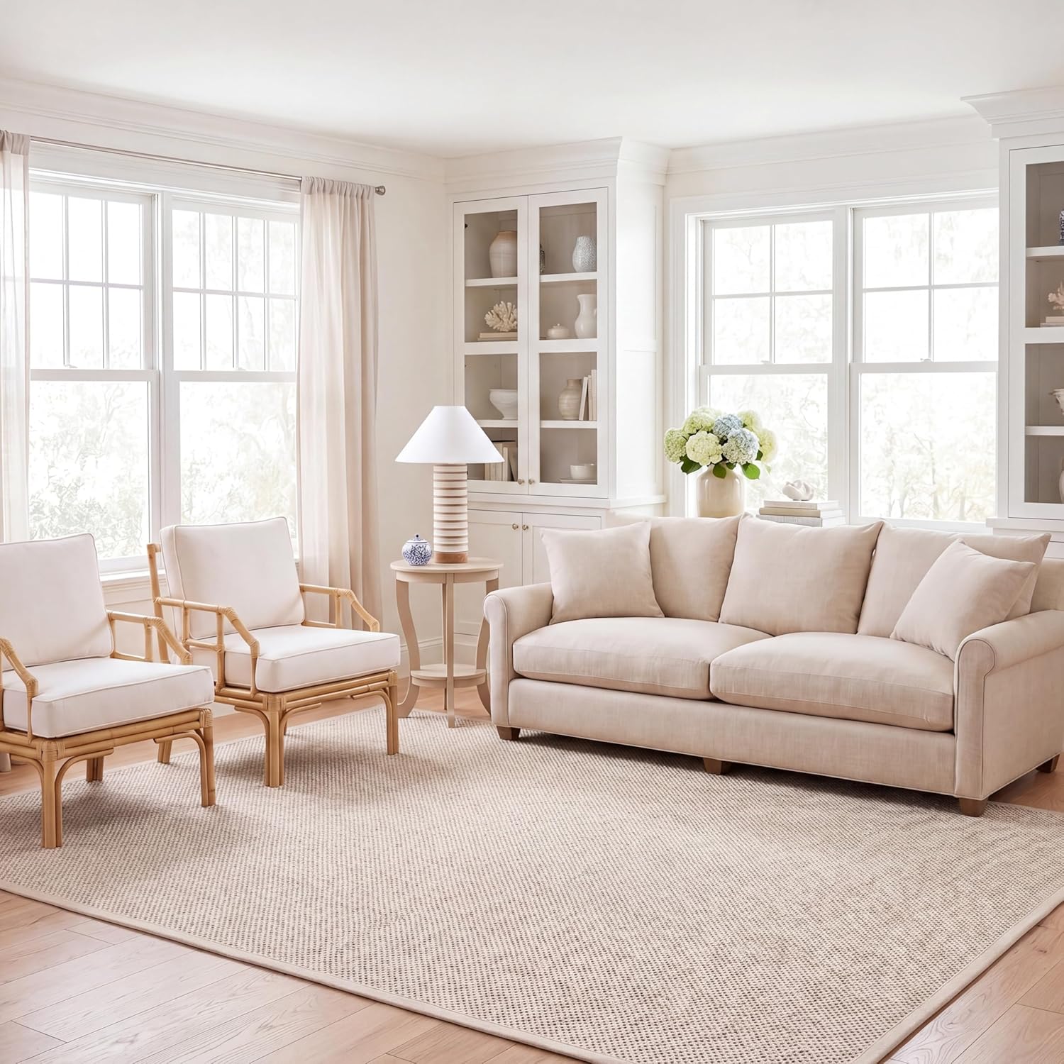 Coastal Linen Sofa & Rattan Accent Chairs (3-Piece Living Room Set)
