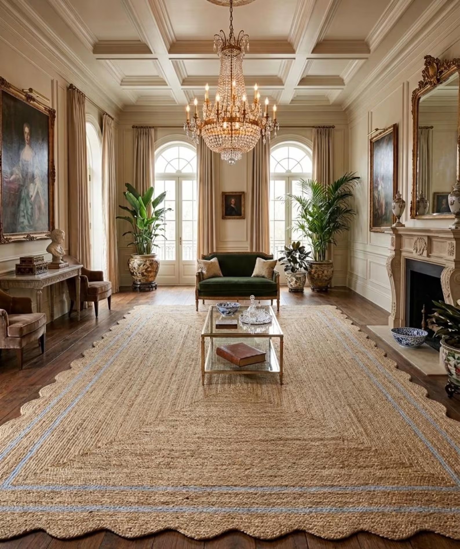 Handmade Scalloped Natural Beige Rug — Light Blue Border