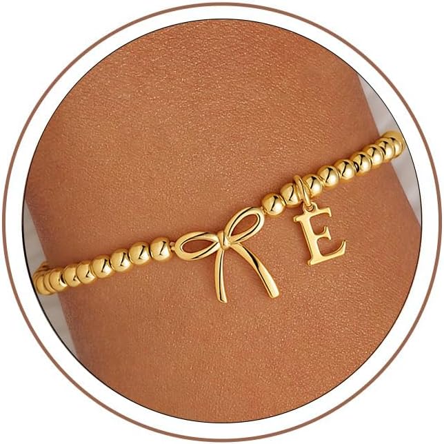 Gold Beaded Bow & Initial Charm Stretch Bracelet