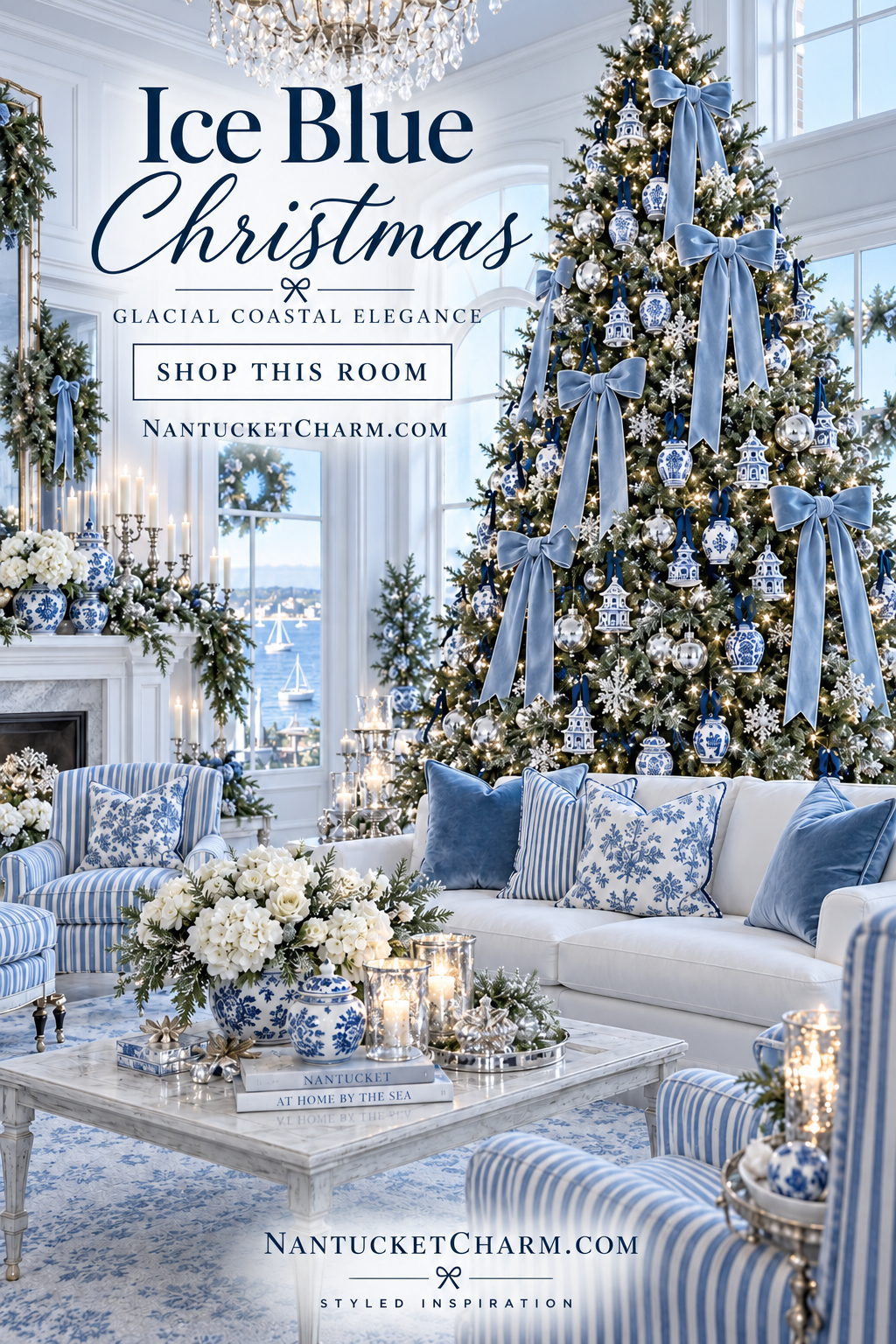 Ice Blue Christmas living room with a tall tree in ice-blue velvet bows and blue-and-white ornaments, ivory sofa with velvet and stripe pillows, blue-striped armchairs, whitewash coffee table, mercury hurricanes, crystal chandelier and harbor view.
