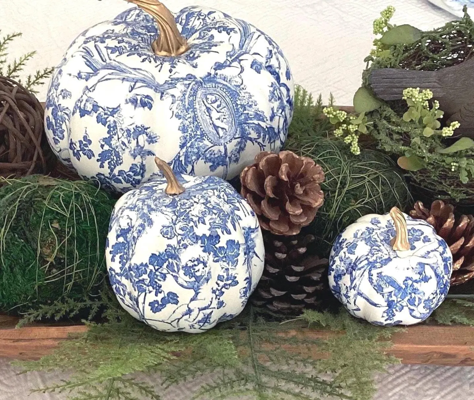 Set of 3 Blue French Toile Pumpkins with Gold Stems