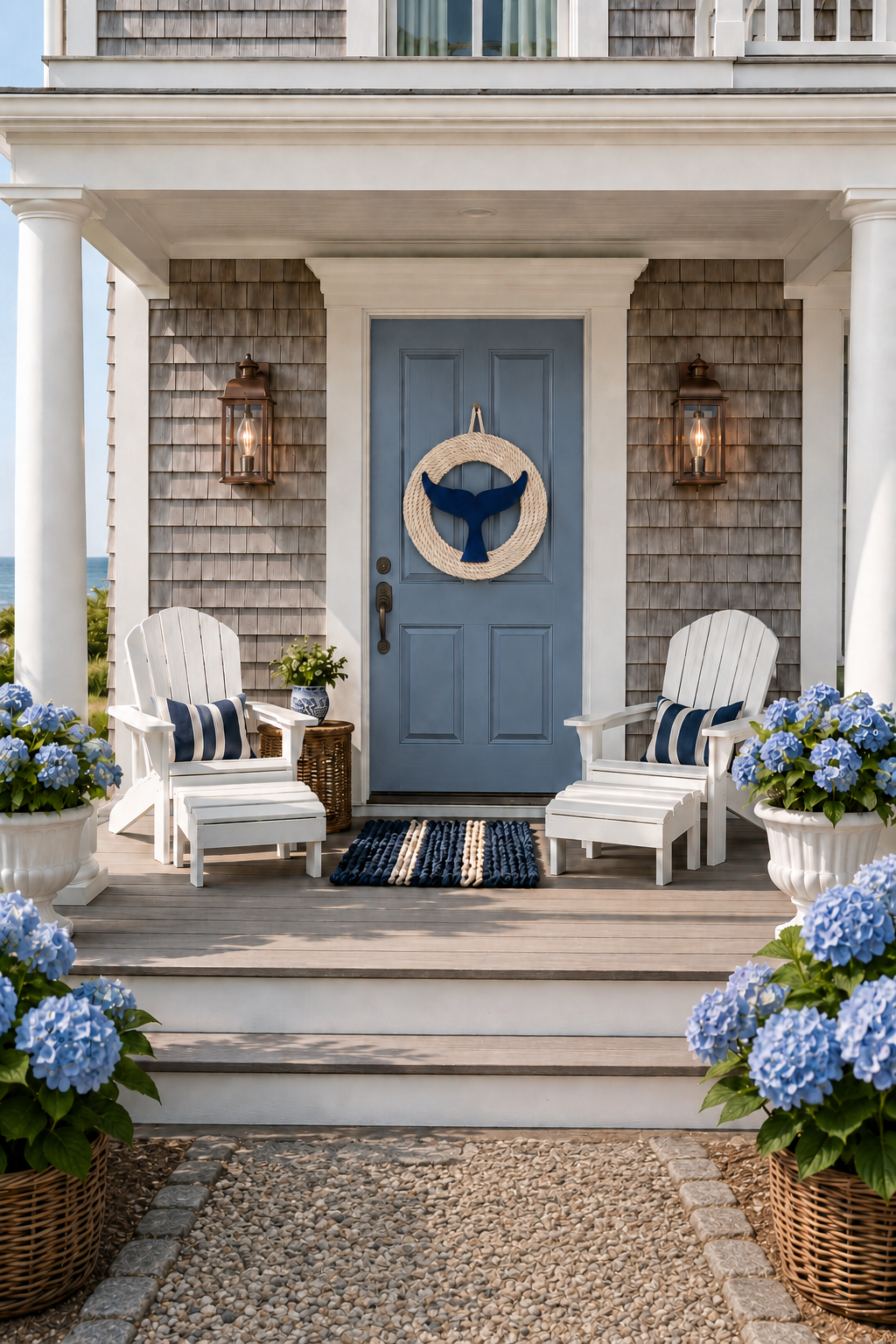 Nantucket shingled front porch with a harbor-blue door, navy whale tail rope wreath, two white Adirondack chairs with ottomans and navy stripe pillows, copper lantern sconces, a navy lobster rope doormat and blue hydrangeas in white urns and wicker baskets.