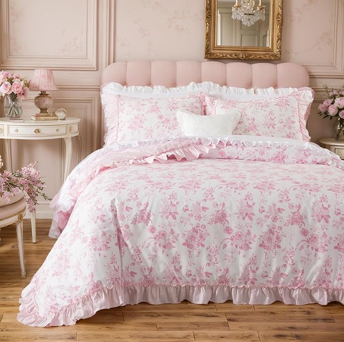 Pink Toile Floral Ruffled Comforter Set with Shams