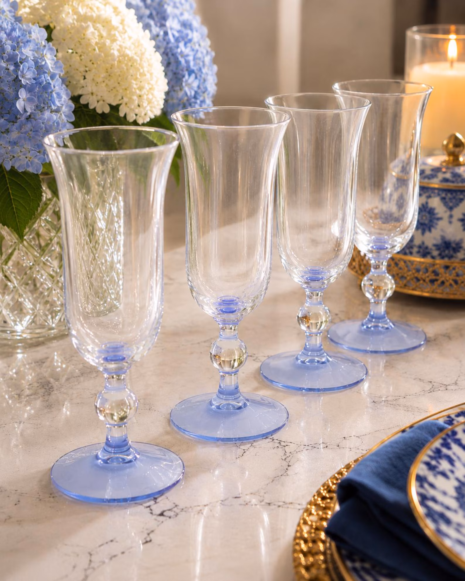 Vintage Blue Base Goblets — Set of 4 Clear Stemmed Glassware