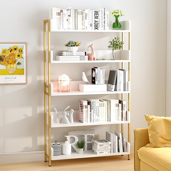 White & Gold 5-Tier Wide Open Shelf Bookcase
