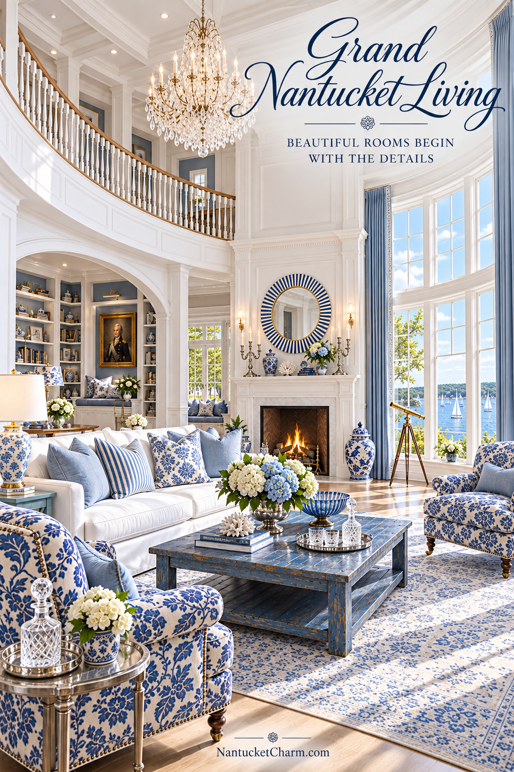 Two-story blue and white Nantucket living room with crystal chandelier, ivory sofa, blue floral armchairs, distressed blue coffee table with hydrangeas, decanter and coral, striped round mirror and brass telescope by harbor windows.