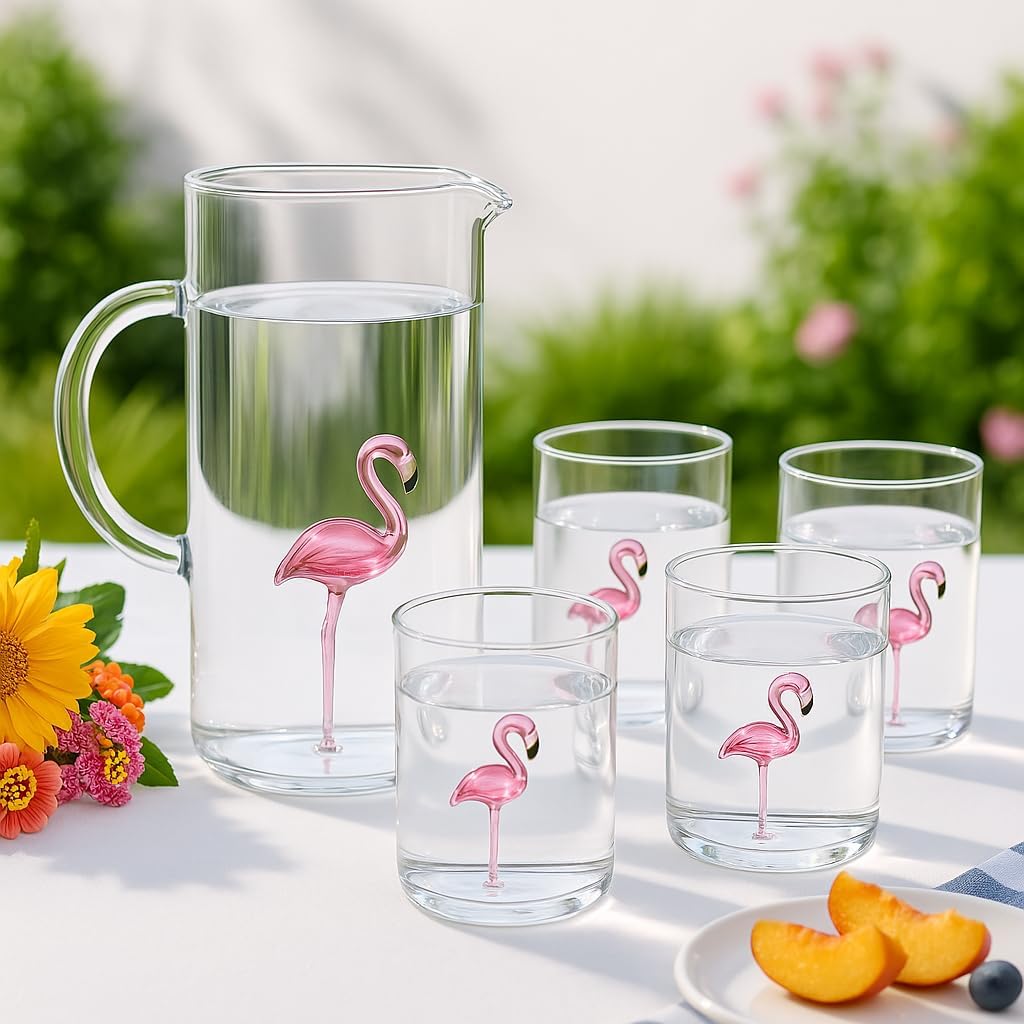 Flamingo Pitcher & 4 Glasses Set — Wine Savant Glass Decanter, 9 oz Glasses