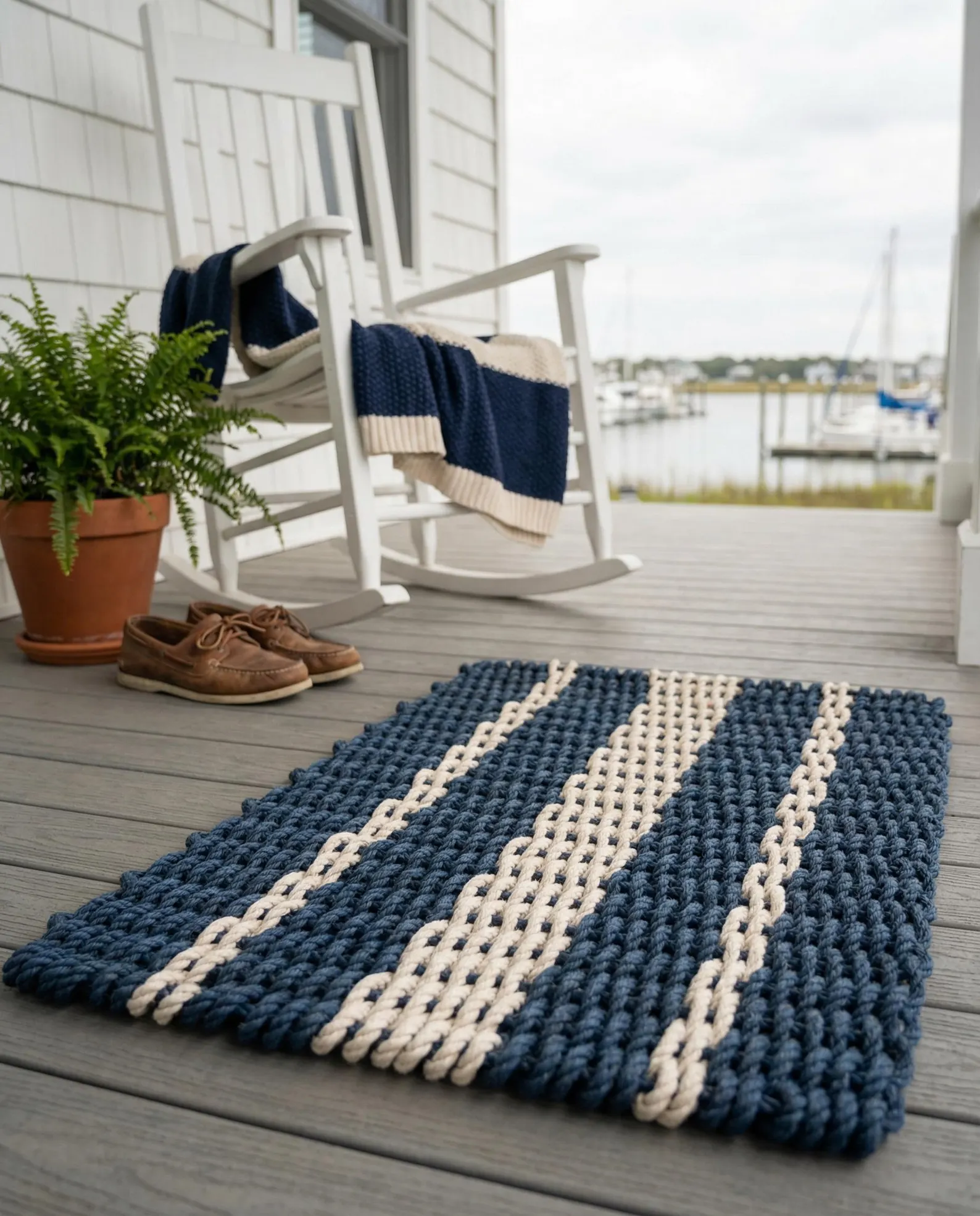 Blue & Sand Striped Lobster Rope Doormat (Handwoven, Maine-Made)