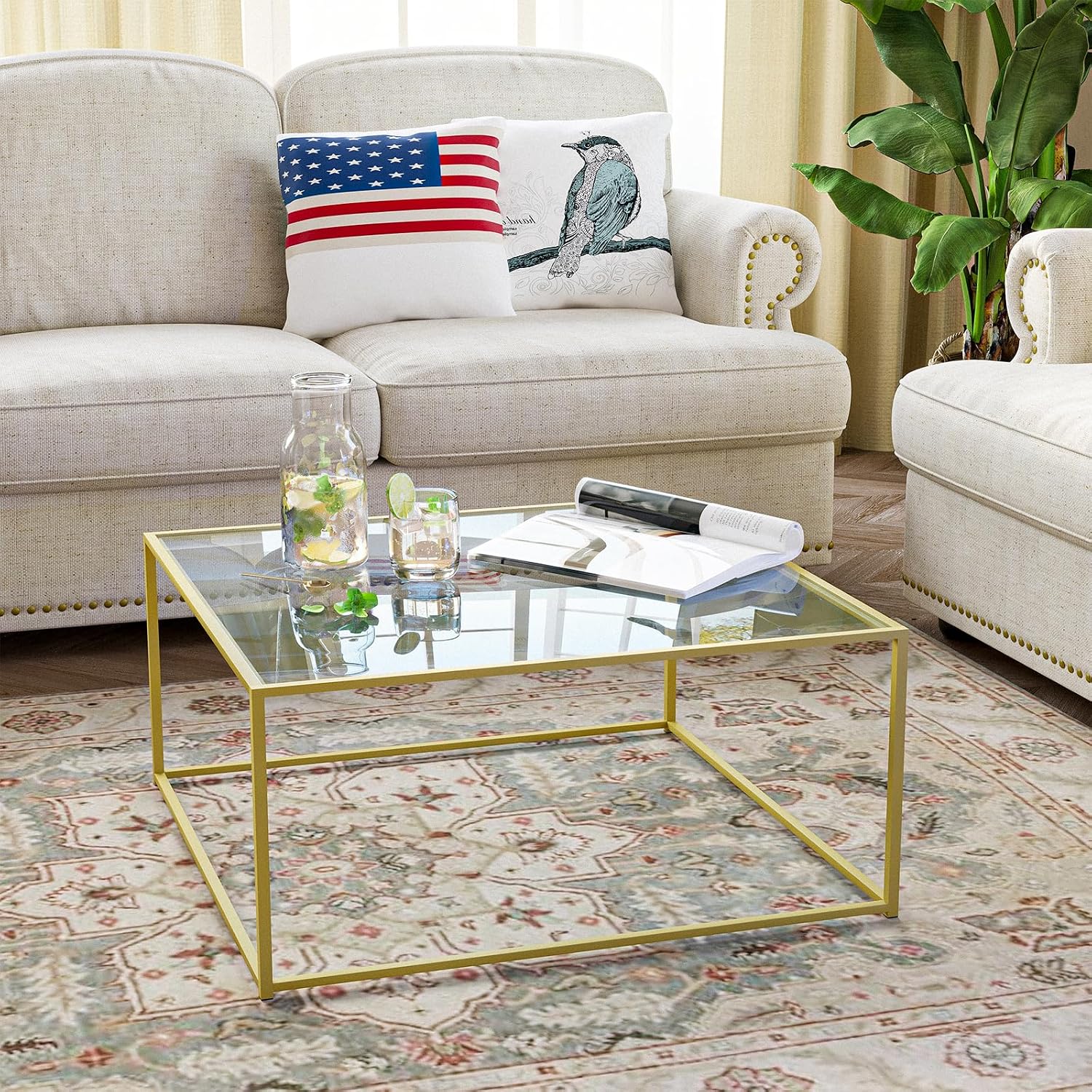 Minimalist Square Glass Coffee Table with Gold Metal Frame (26.4")