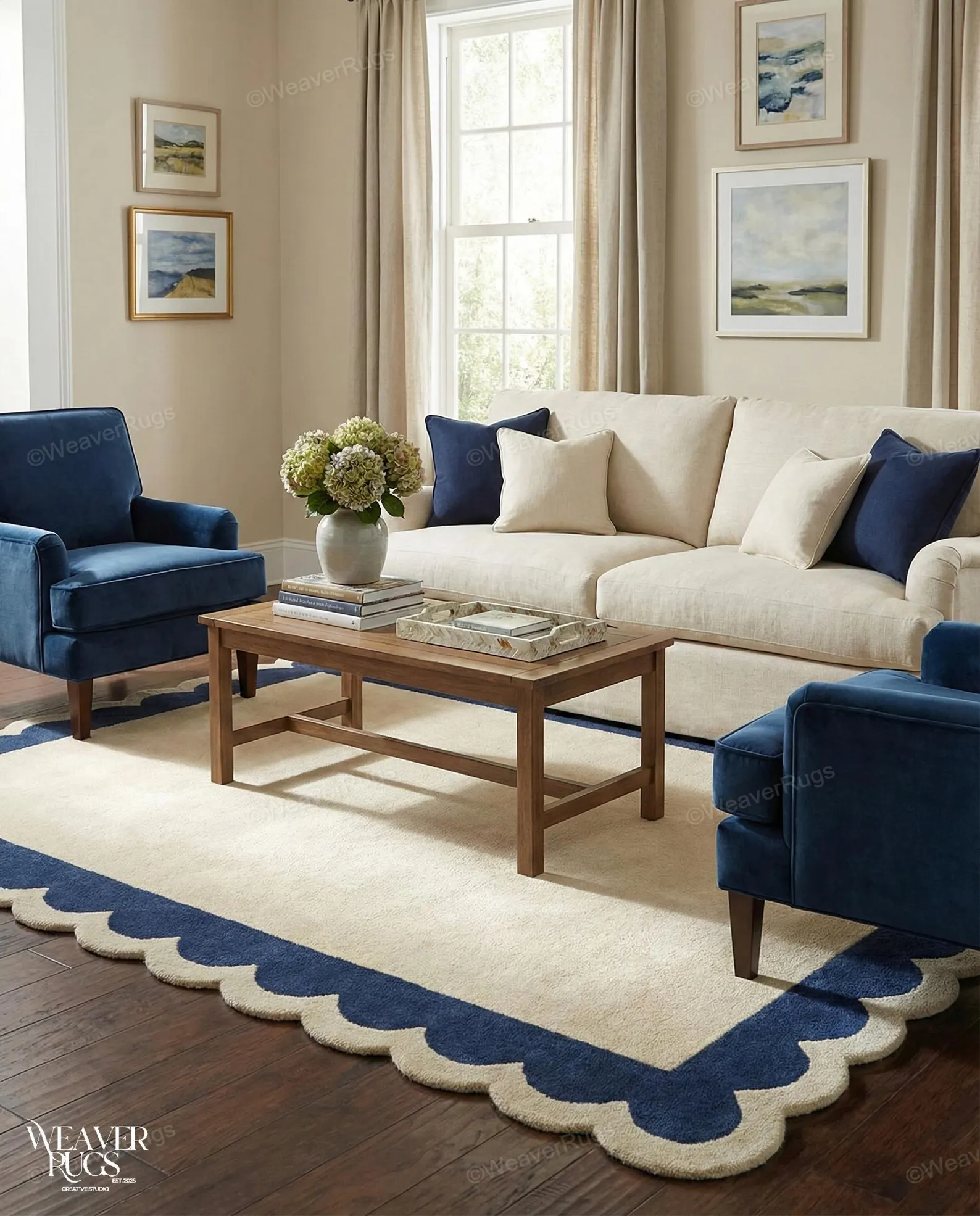 Off-White & Navy Blue Scalloped Wool Rug — Hand-Tufted Scallop Border