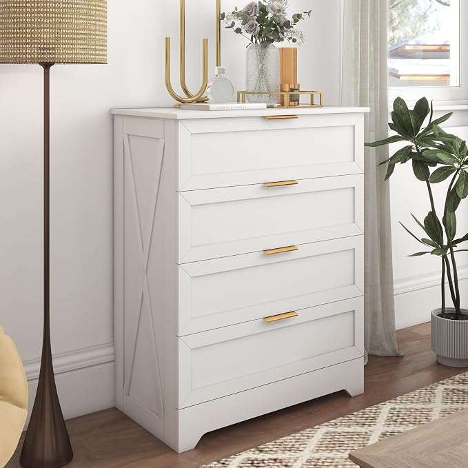 White Farmhouse 4-Drawer Barn Door Dresser with Gold Handles