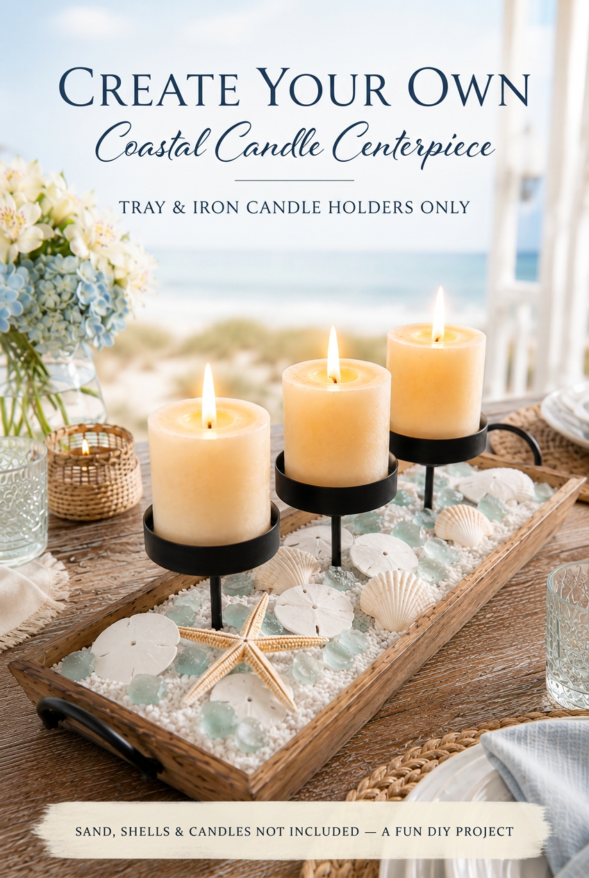 Create Your Own Coastal Candle Centerpiece — Rustic Wood Tray with 3 Iron Pillar Holders