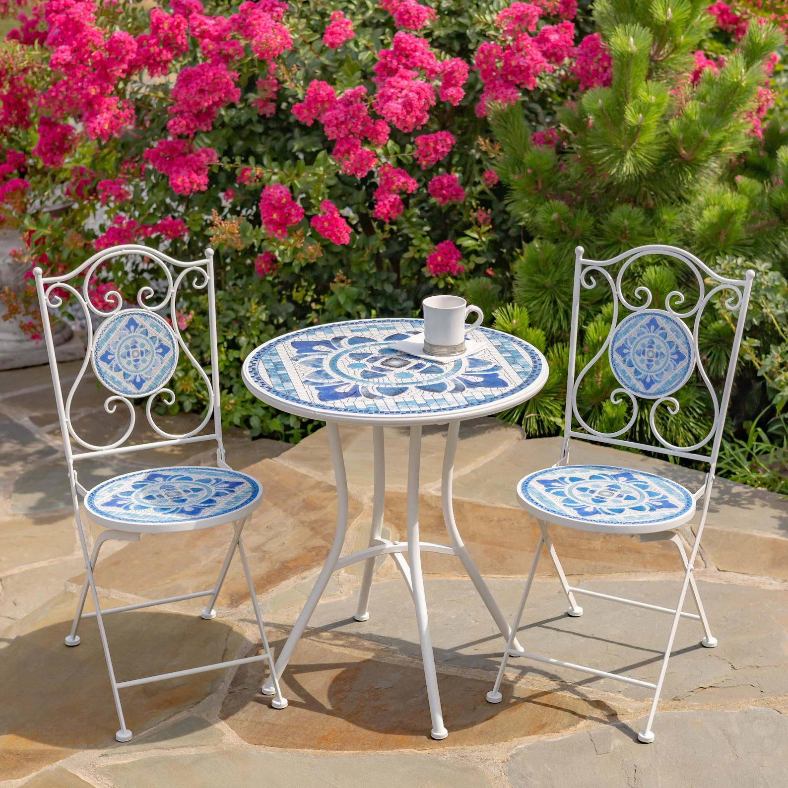 Cape May Mosaic Bistro Set — White & Blue Tile (3-Piece)