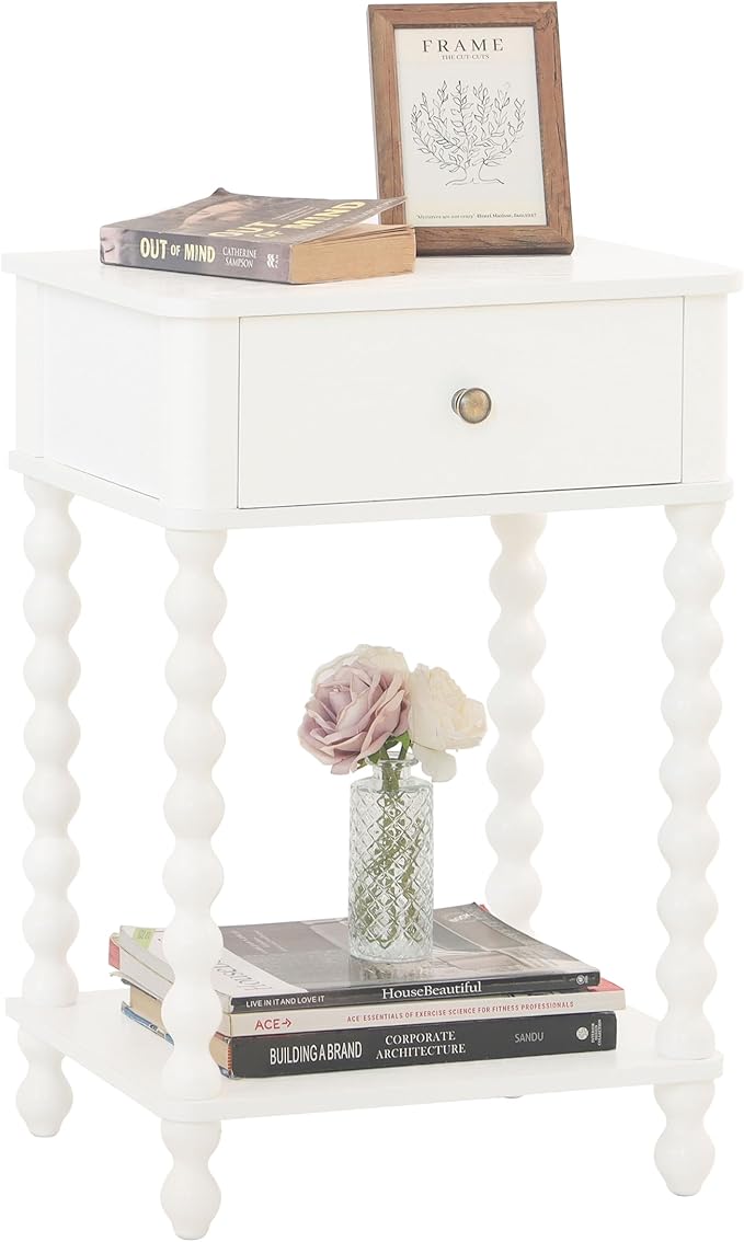 White Spindle-Leg Nightstand with Drawer & Shelf
