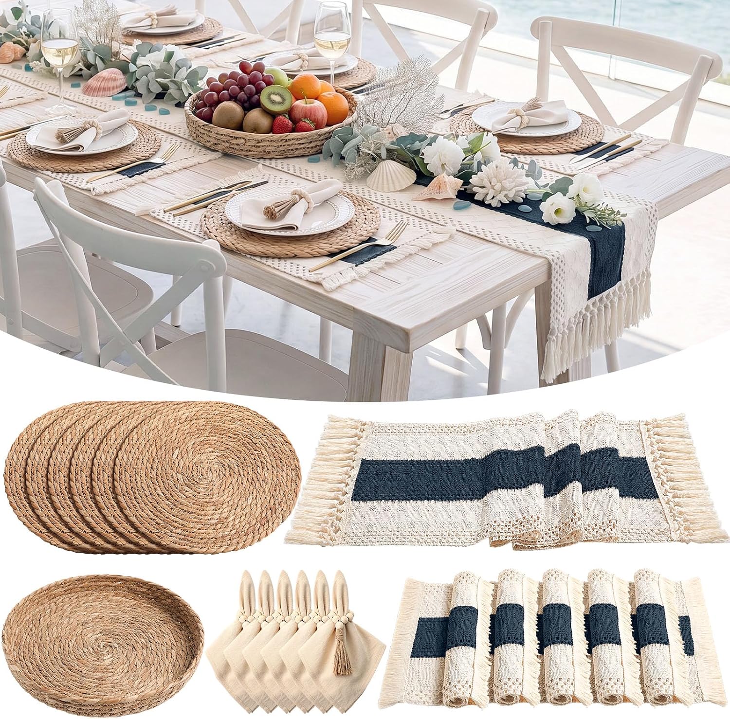 Gandeer Woven Placemat, Runner & Napkin Ring Set — Navy & Natural (6 Sets)