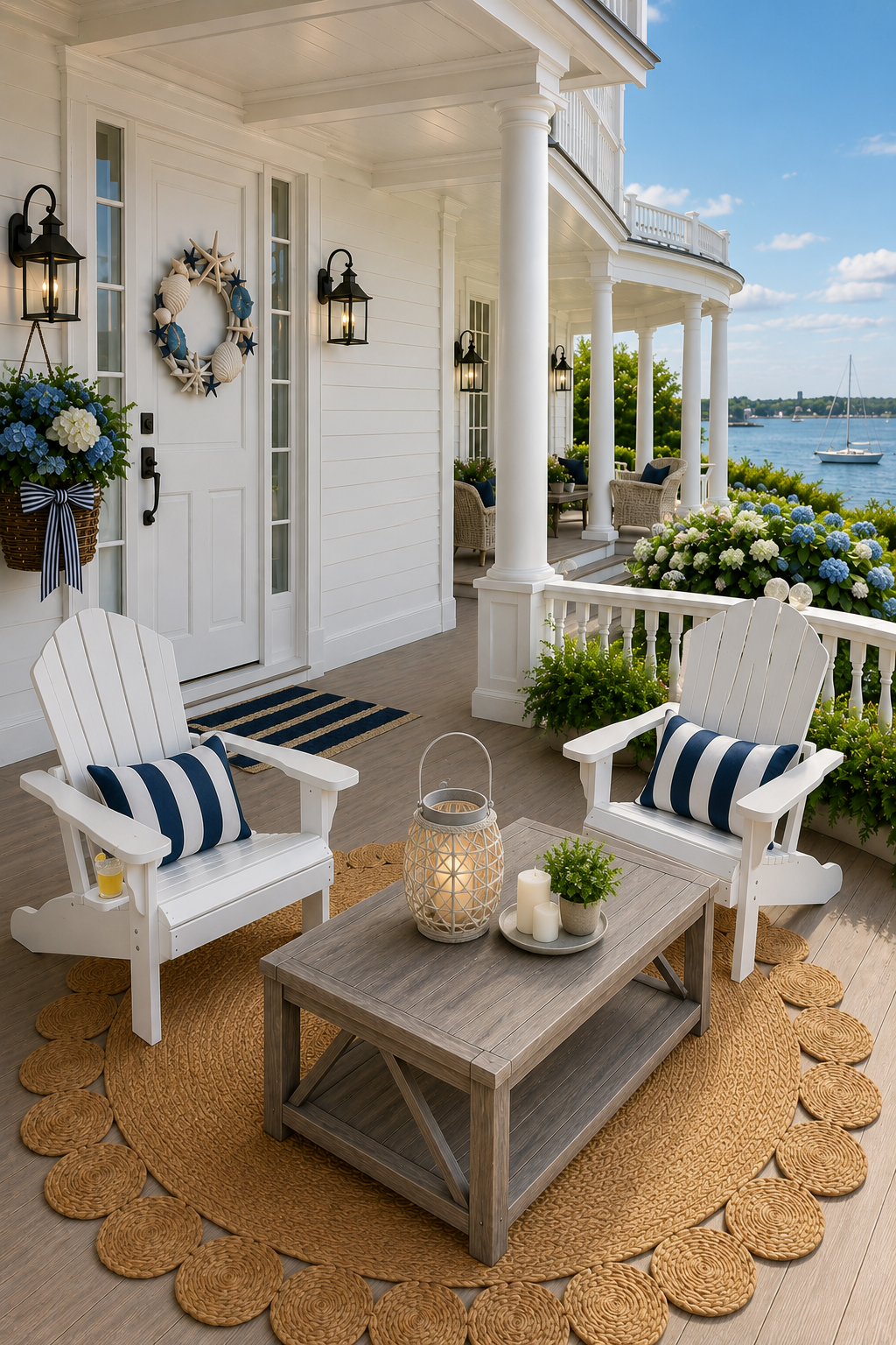 Nantucket shingled front porch with white Adirondack chairs, navy cabana stripe pillows, a weathered gray outdoor coffee table with a rope lantern and candles, a round braided jute rug, seashell and starfish wreath on the white door, blue hydrangea door basket and a harbor view with a sailboat.