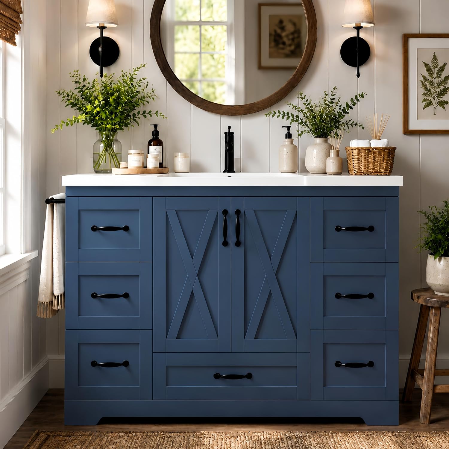 Bellemave 48" Navy Blue Bathroom Vanity with Barn Doors & 6 Drawers