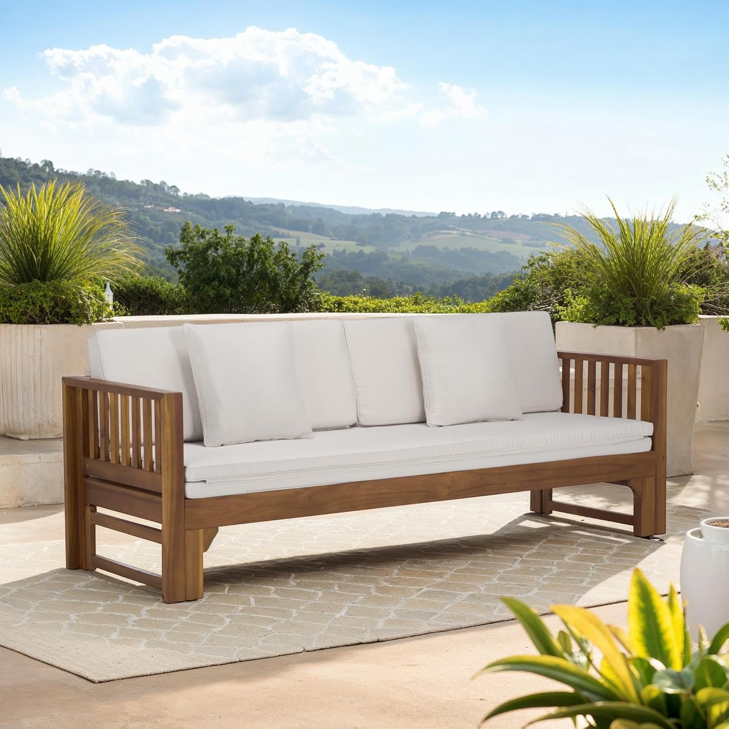Solid Acacia Wood Outdoor Sofa with Ivory Cushions — 3-Seat