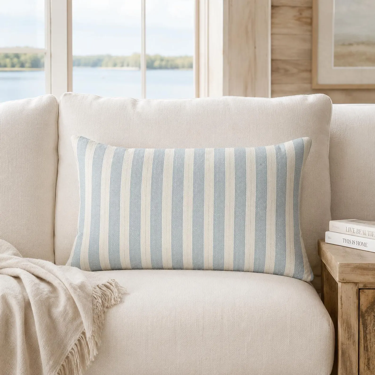 Blue & White Stripe Coastal Lumbar Pillow