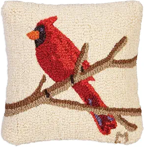 Chandler 4 Corners Cardinal on White Hooked Wool Pillow, 14" Square