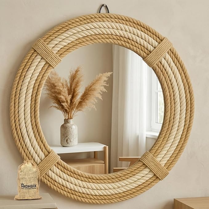 HIGHBIX Handwoven Jute Rope Round Wall Mirror