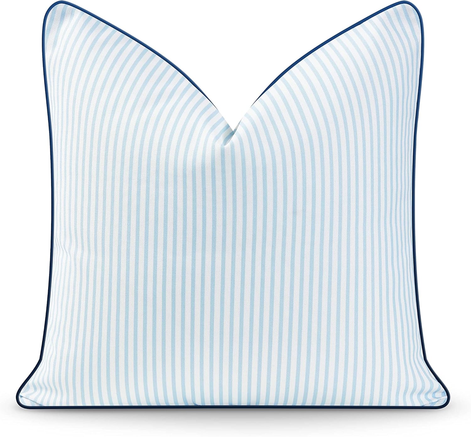 Sky Blue Ticking Stripe Pillow Cover with Navy Piping