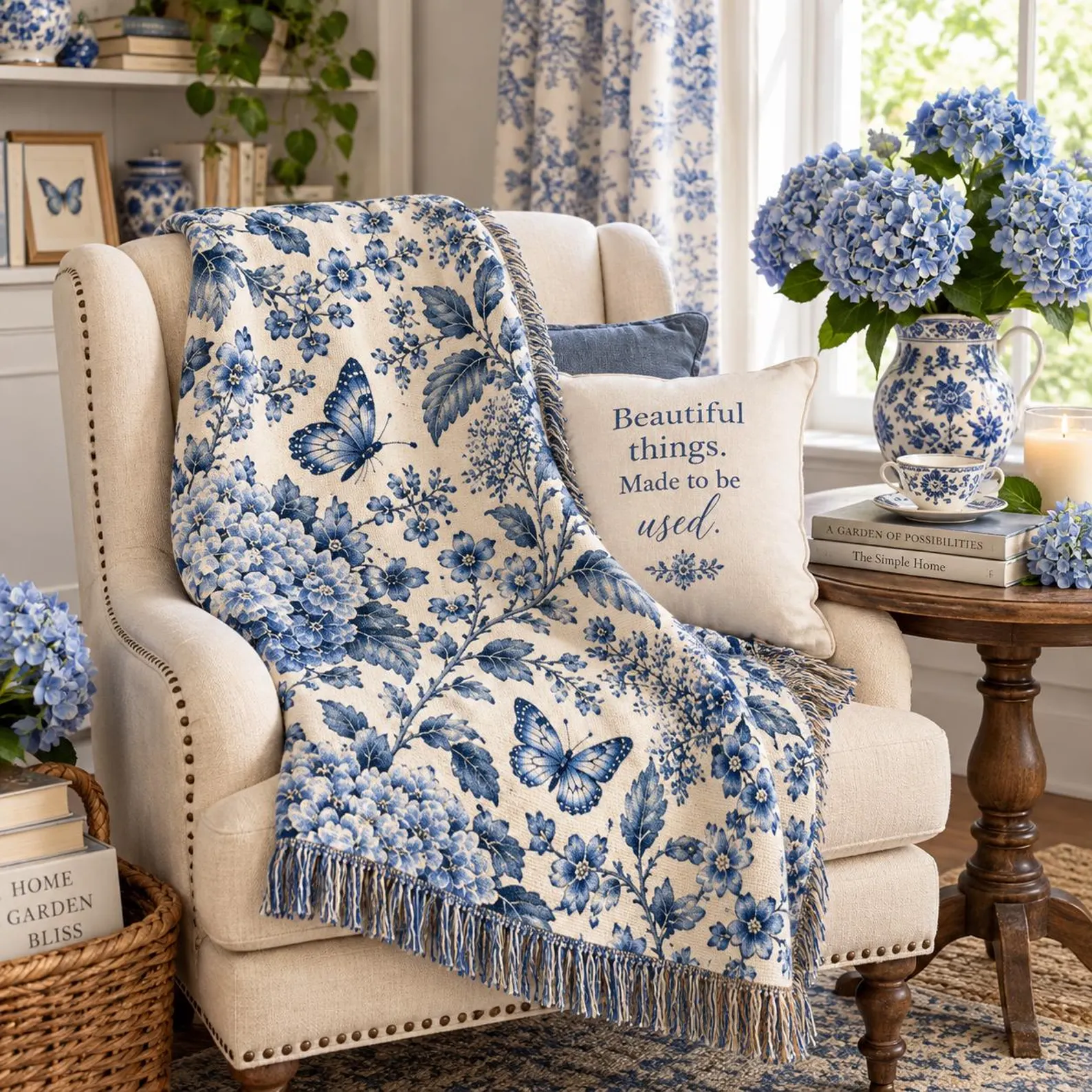 Porcelain Garden Blue Hydrangea Woven Throw Blanket — Cotton with Fringe